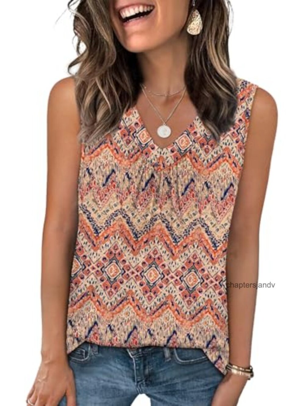 Loose Fit V-Neck Sleeveless Tank Pleated Curved Hem Summer